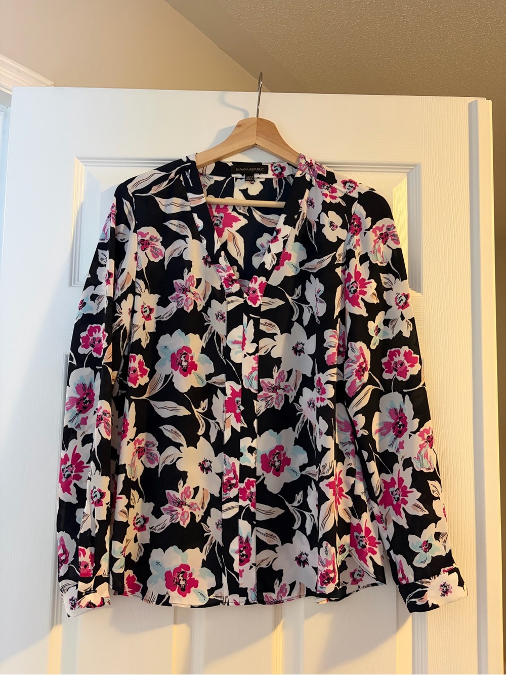 Banana Republic Black Floral V-Neck Blouse with Pink and White Flowers